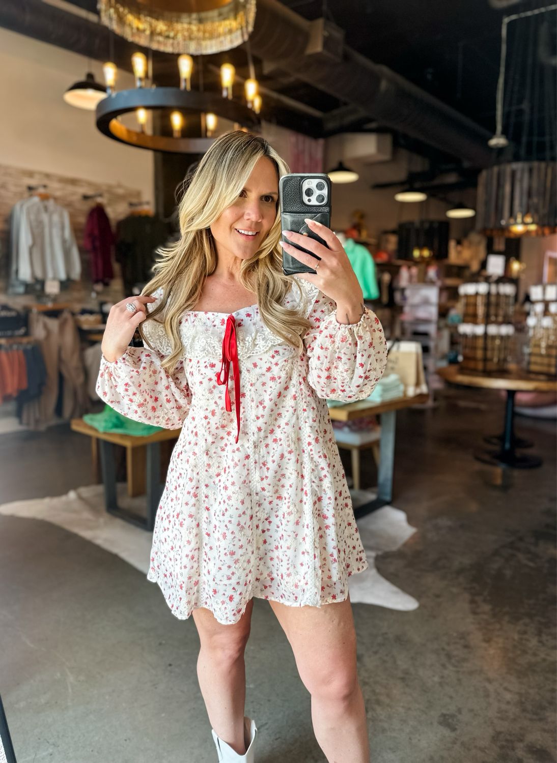 Printed Floral Long Sleeve Mini Dress w/ Lace 