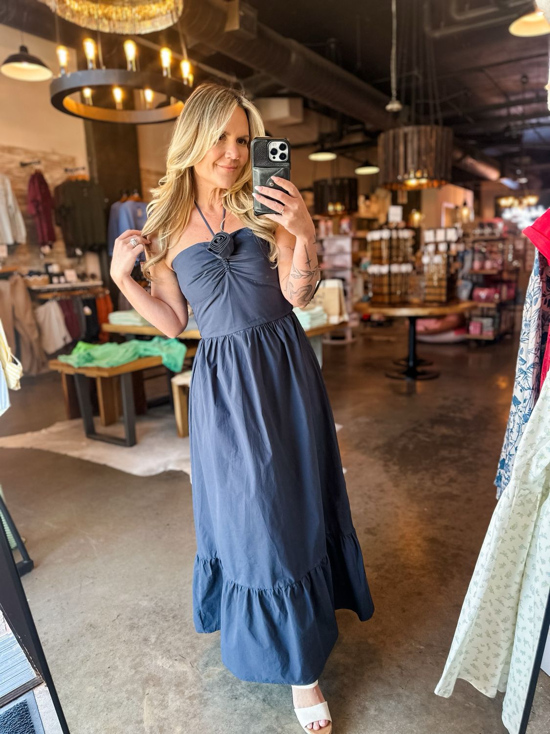 Navy Halter Maxi Dress w/ Rosette Detail