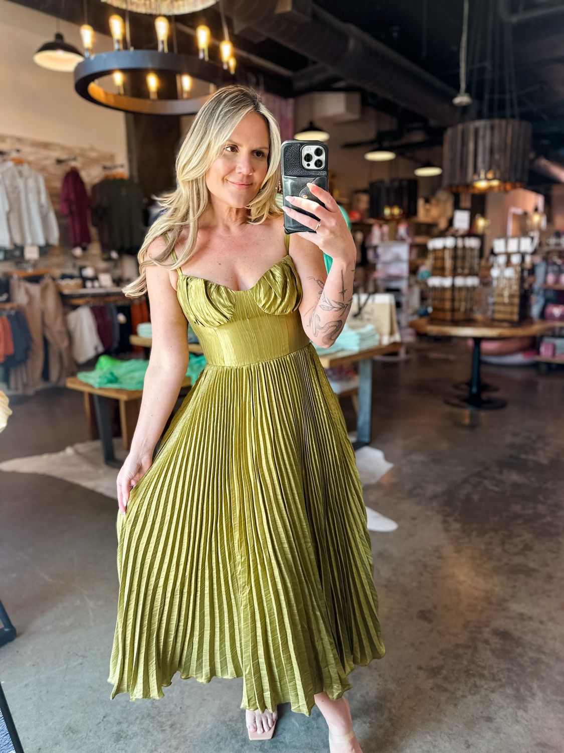 Olive Green Satin Pleated Midi Dress
