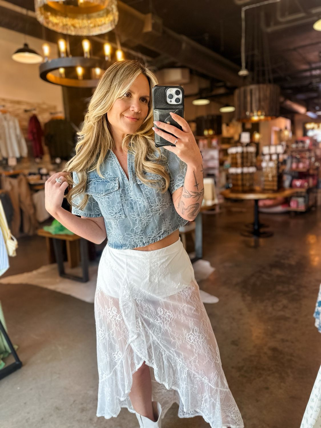 Denim Floral Half Sleeve Crop Top