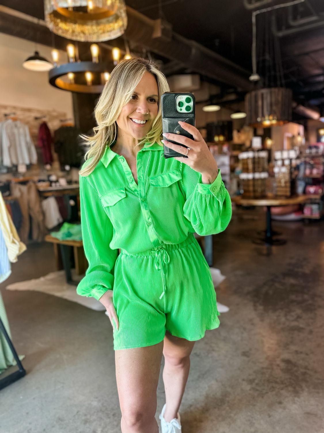 Kelly Green Pleated Long Sleeve Romper