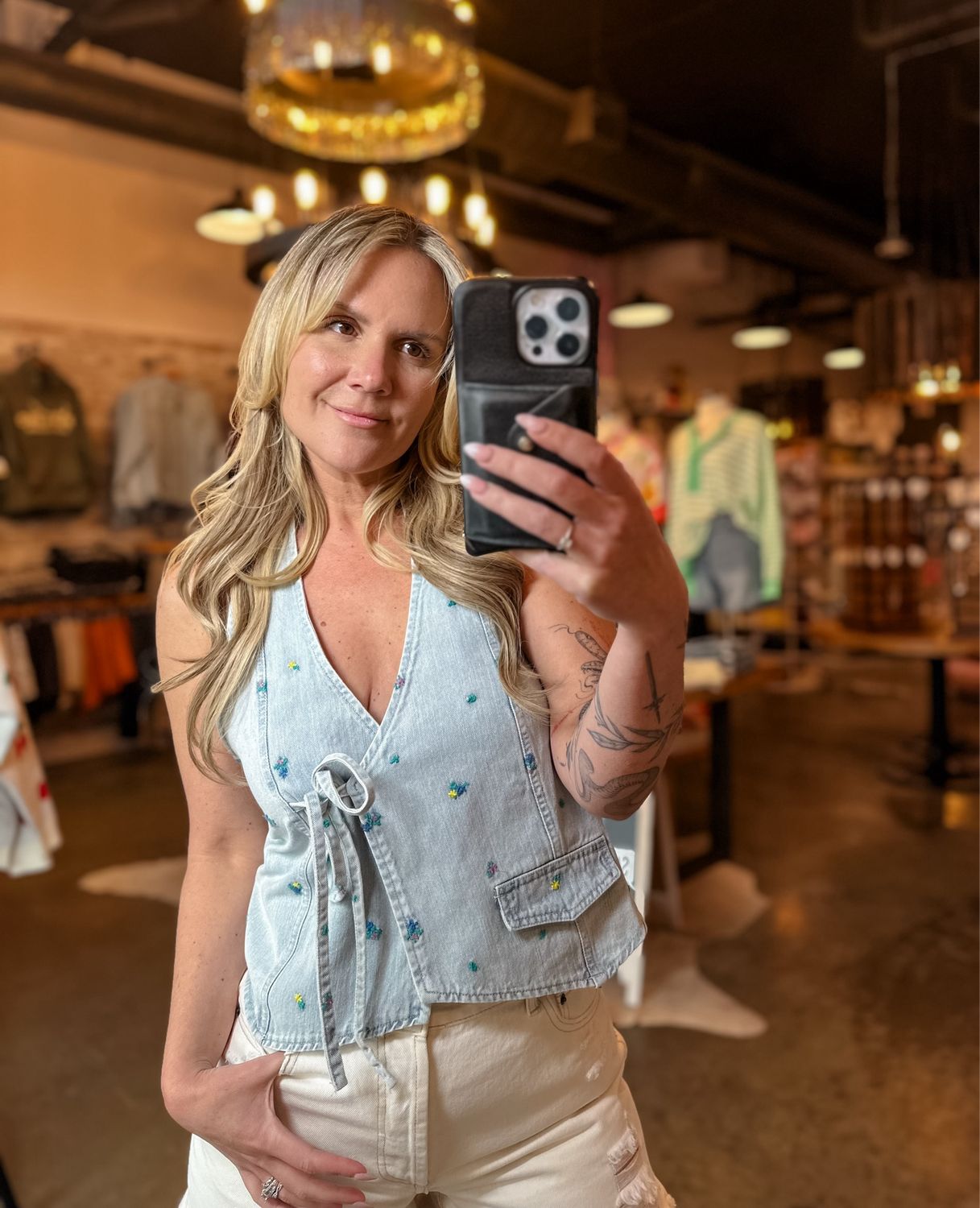 Light Denim Ditsy Floral Embroidered Top