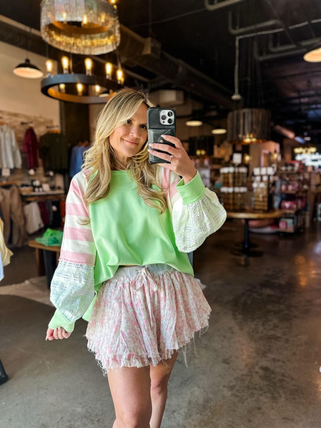 Green &amp; Pink Striped Top w/ Contrast Sleeves
