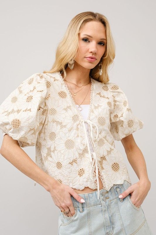 Gold &amp; Ivory Metallic Embroidered Tie Front Top