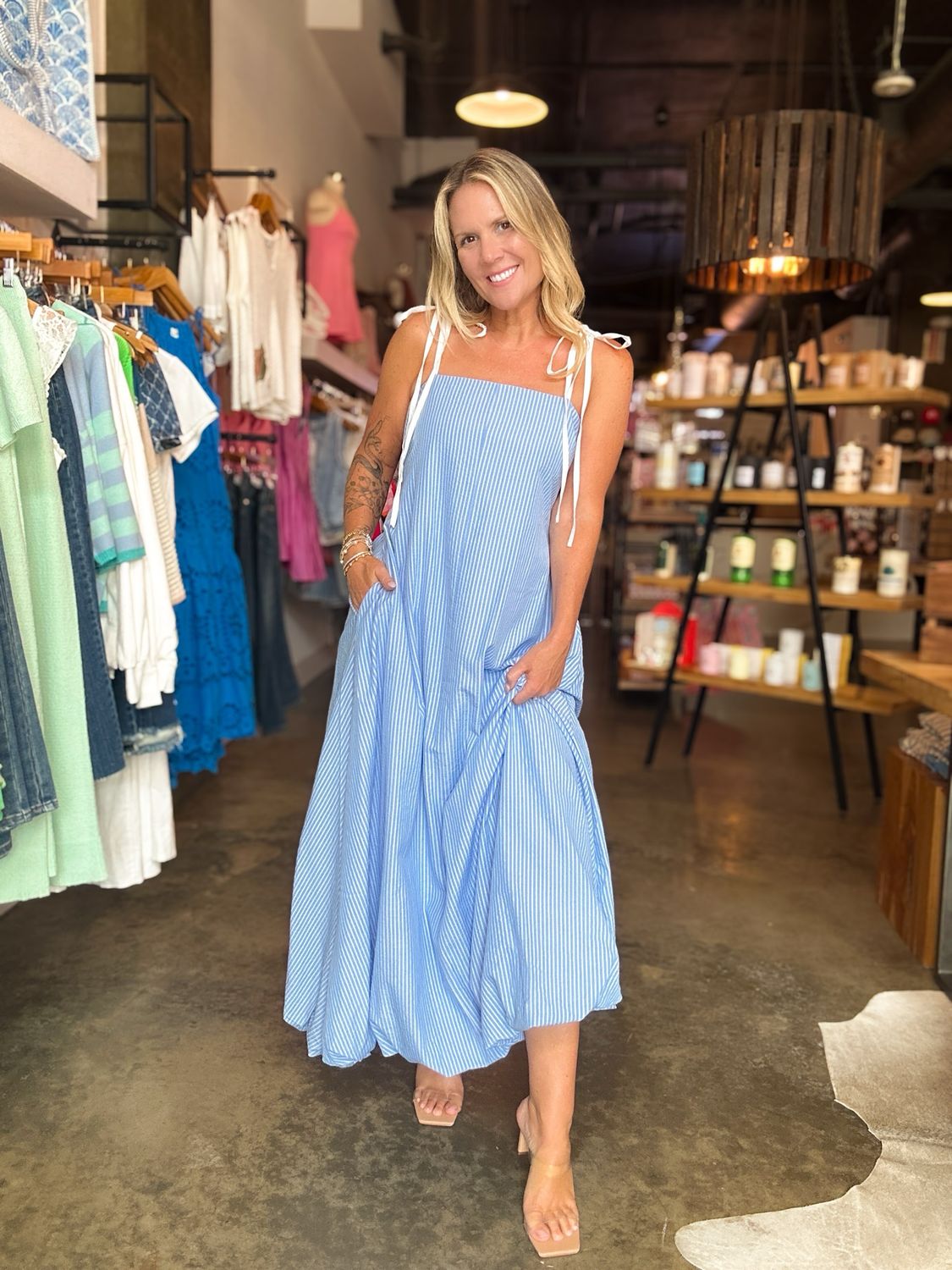Blue Pin Stripe Bubble Hem Maxi Dress