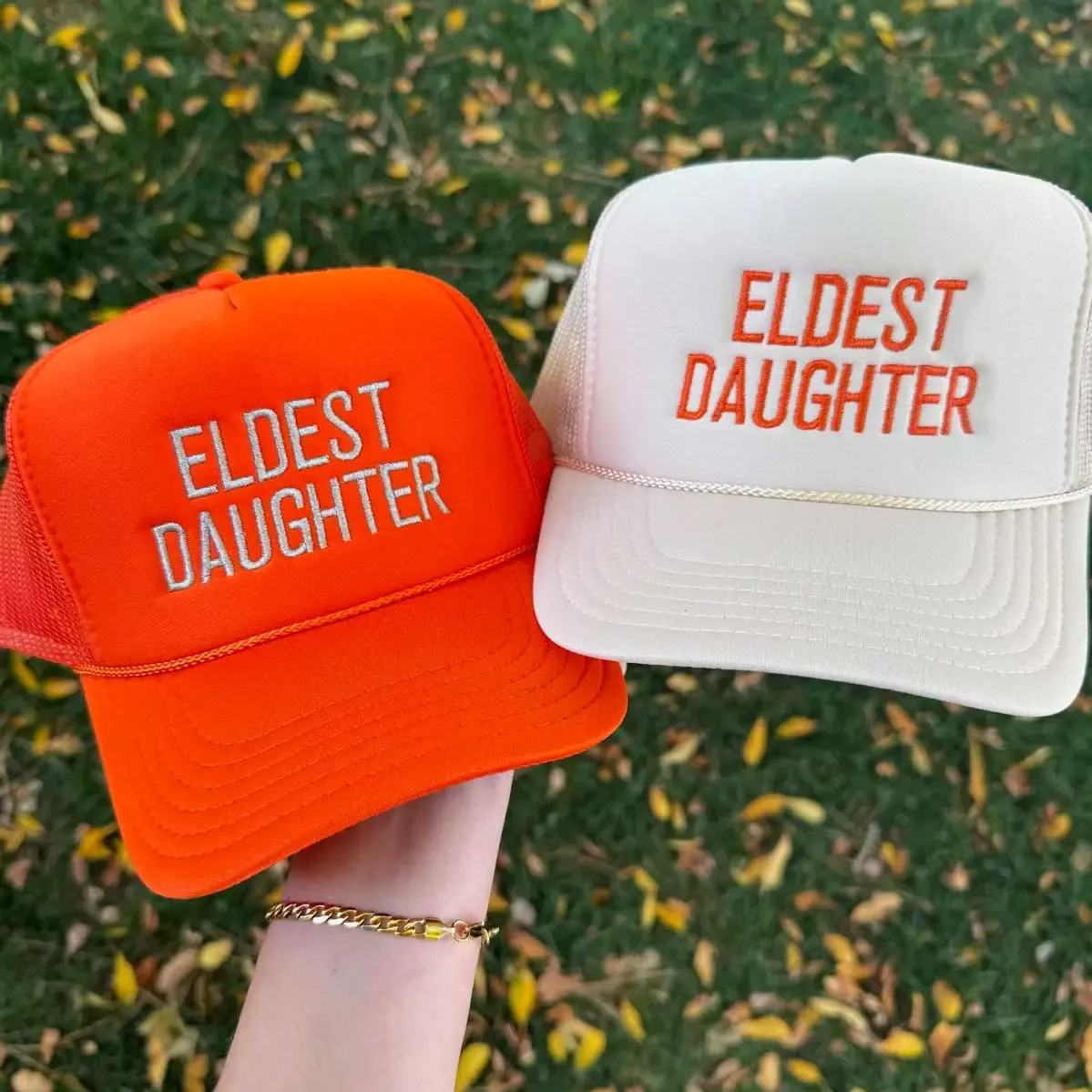 Tan Eldest Daughter Showgirl Embroidered Trucker Hat Tan Eldest Daughter Showgirl Embroidered Trucker Hat