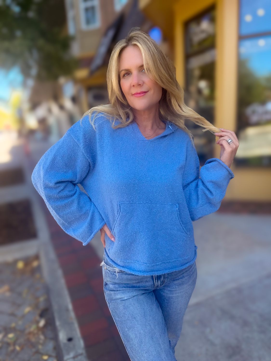 Blue Lumpy Textured Kangaroo Pocket Hoodie 