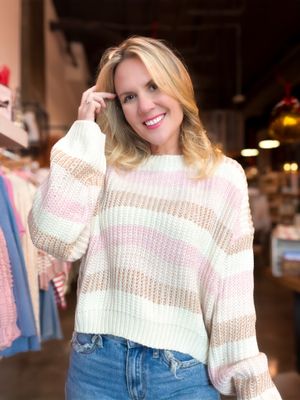 Ivory Multi Color Striped Cred Neck Sweater
