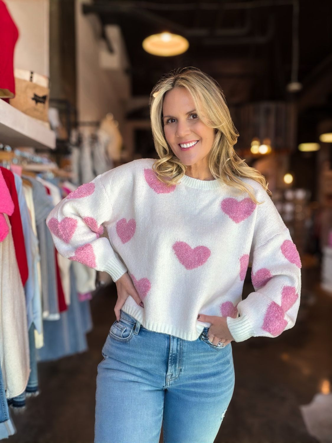 Ivory &amp; Pink Heart Sweater