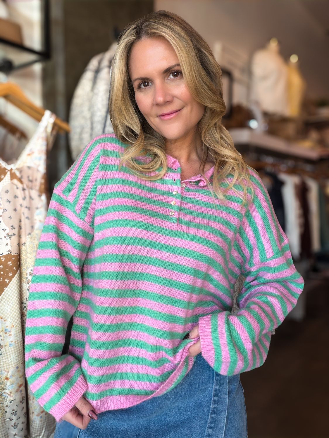 Sugar Stripe Henley Sweater