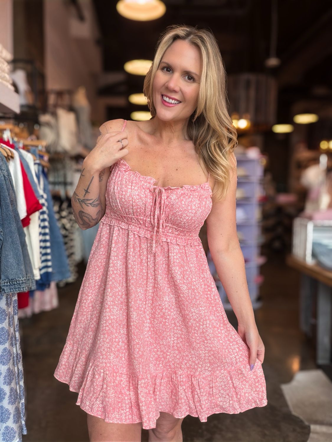 Pink Printed Ruffle Hem Flowy Cami Dress