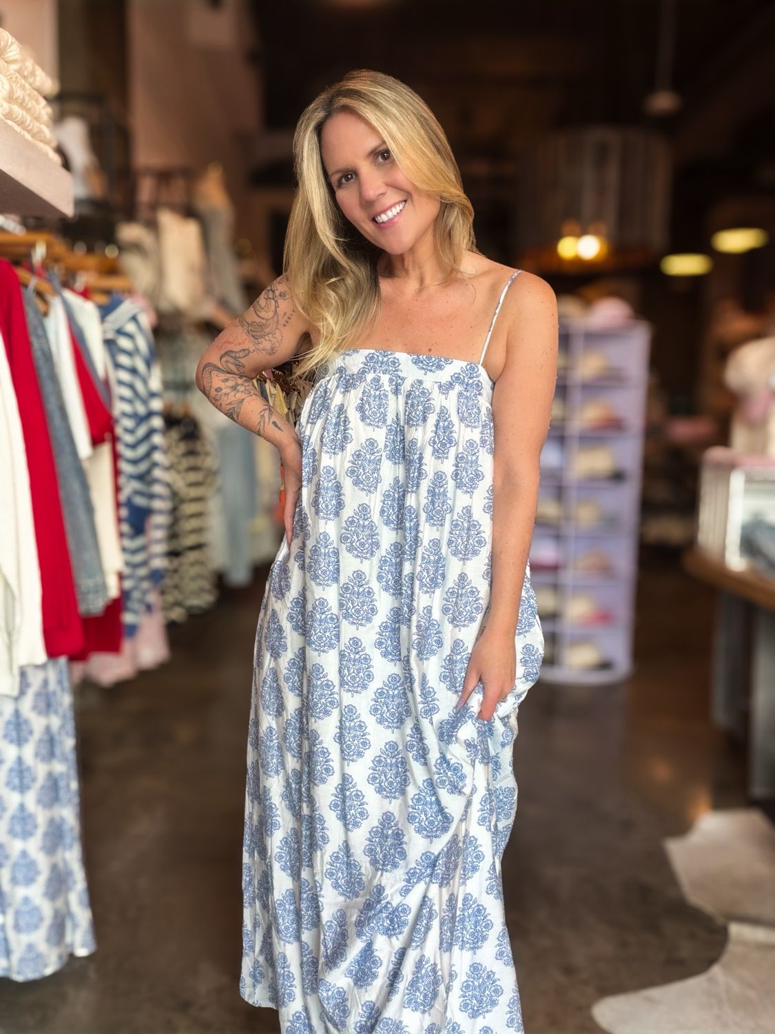 Blue Printed Maxi Dress w/ Pockets