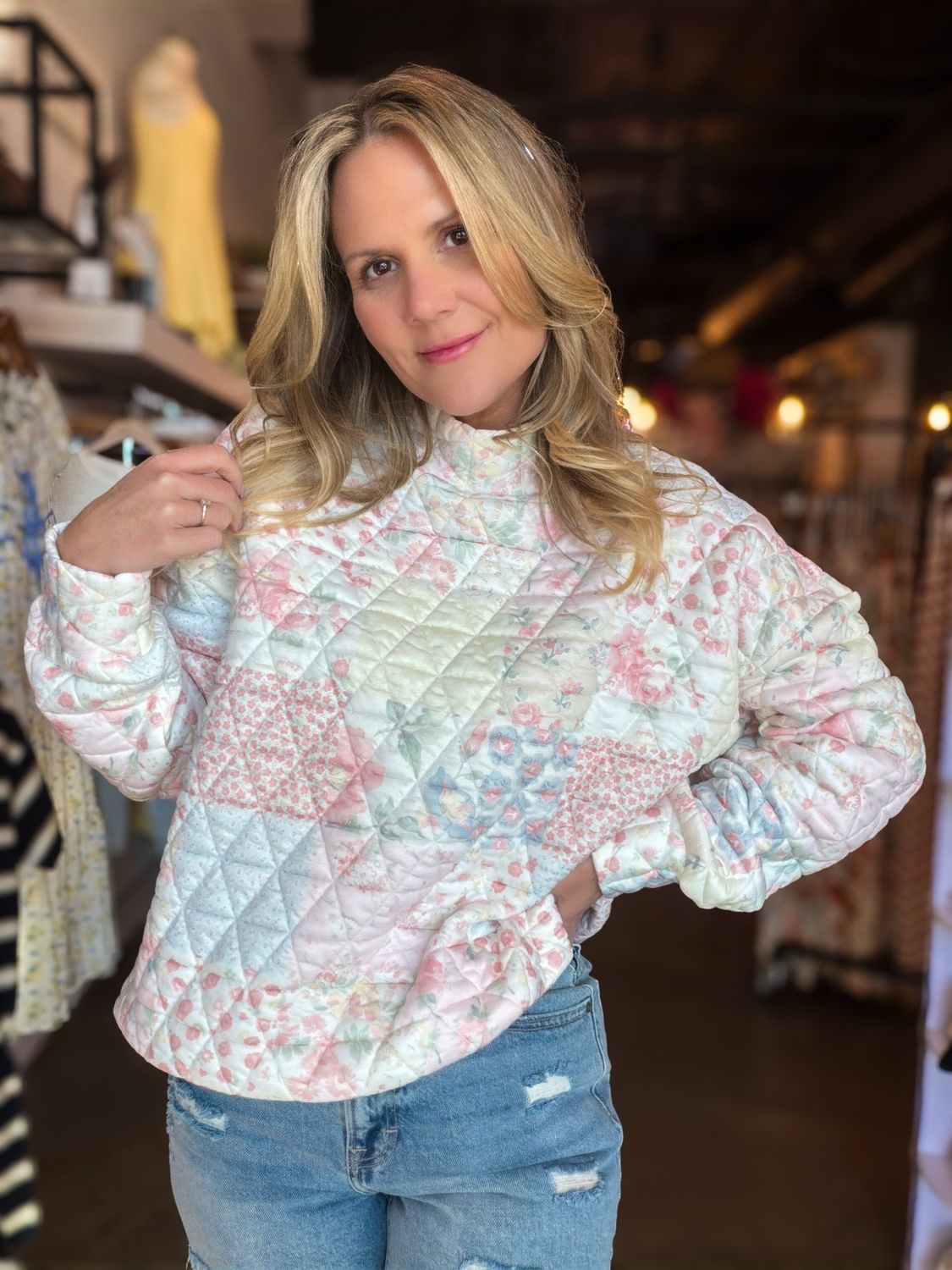 Pastel Patchwork Printed Mock Neck Sweatshirt