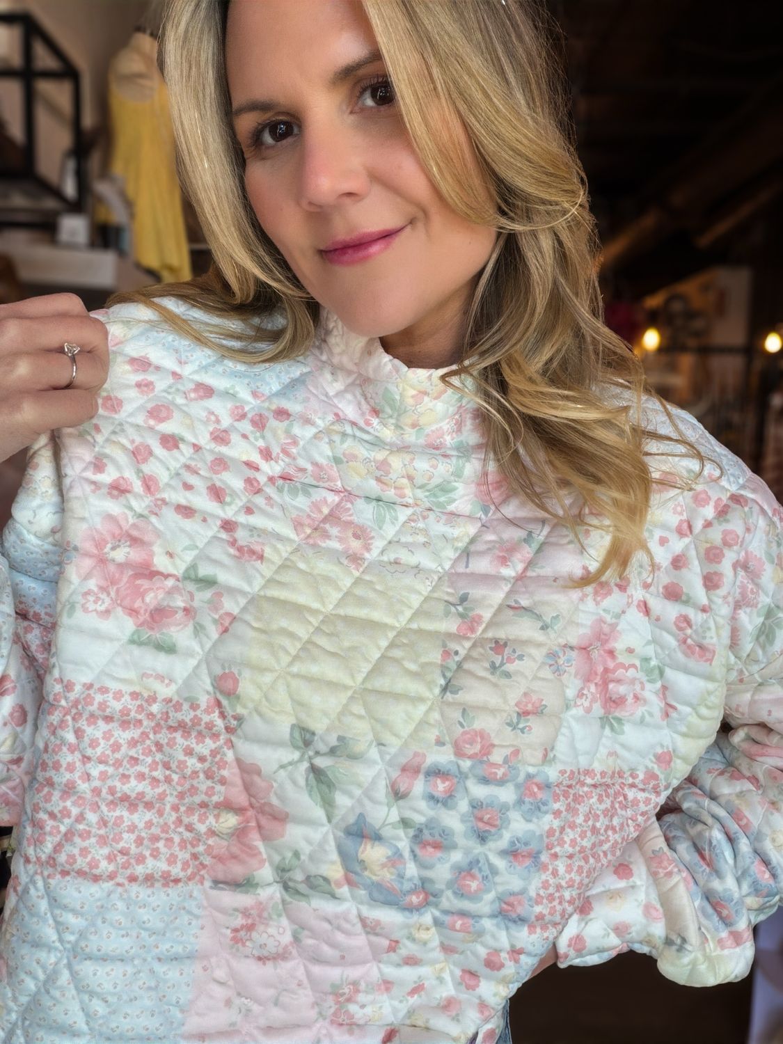 Pastel Patchwork Printed Mock Neck Sweatshirt