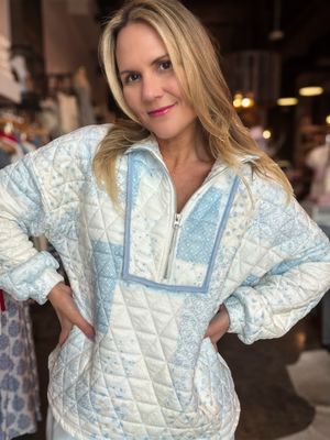 Blue Patchwork Quarter Zip Pullover