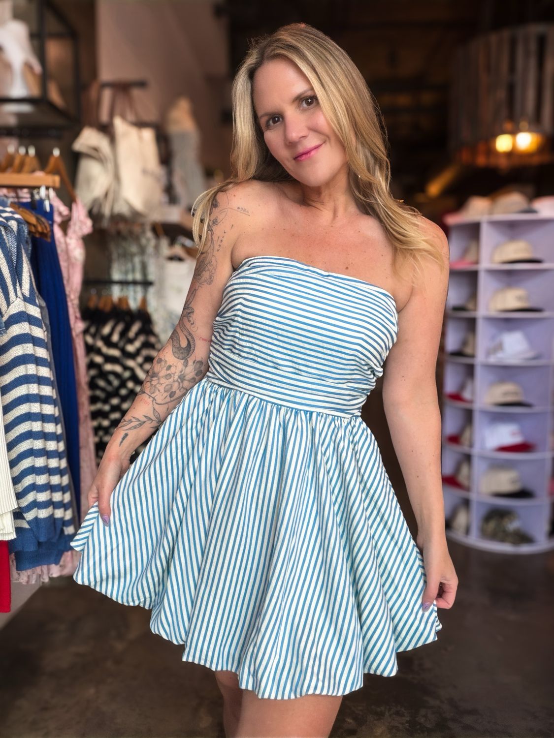 Blue Striped Strapless Dress