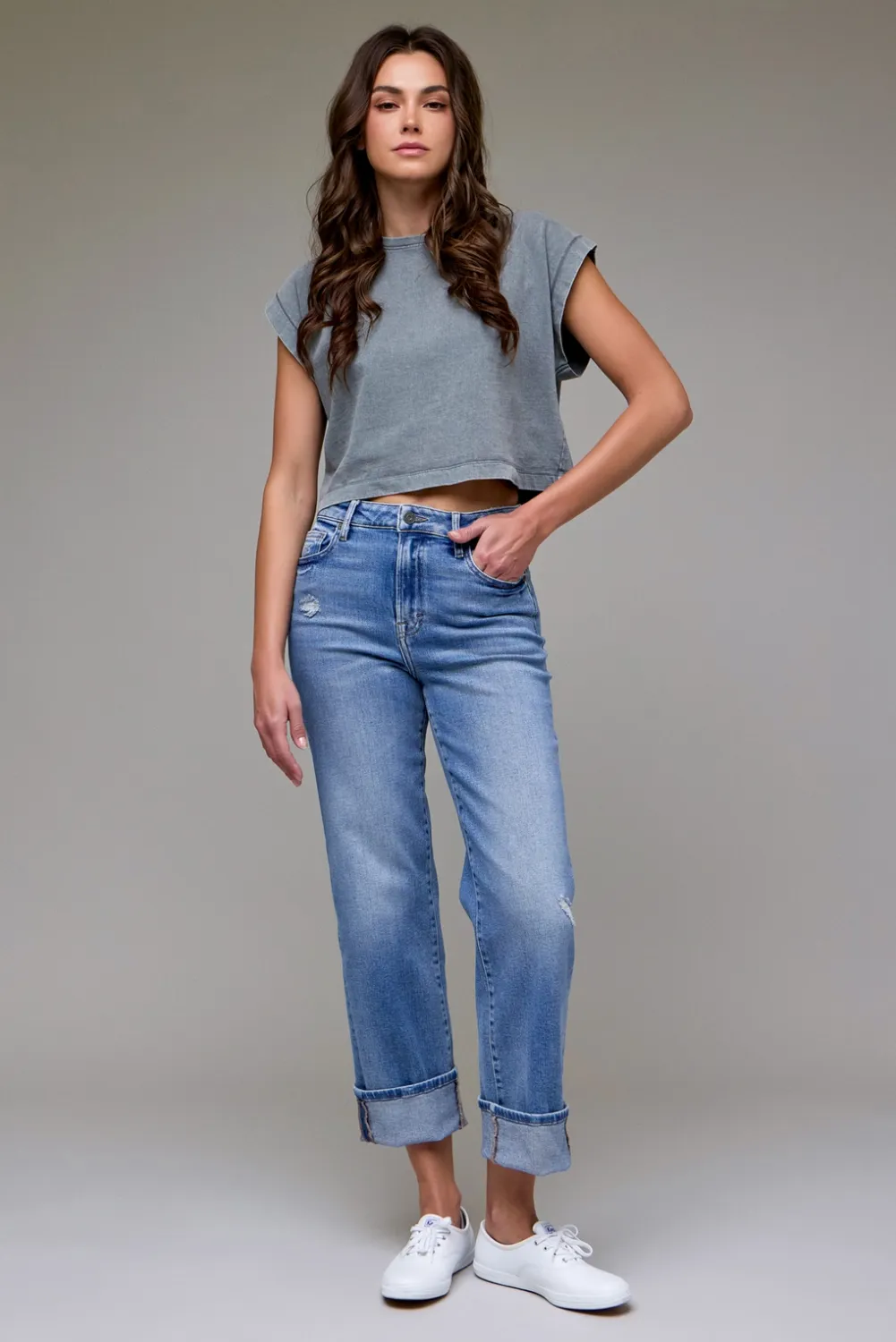 Ella Medium Wash High Rise Cuffed Straight Jeans