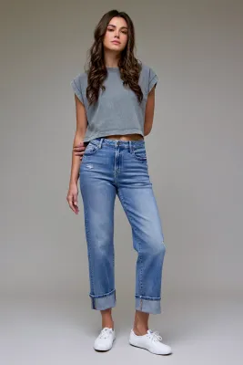 Ella Medium Wash High Rise Cuffed Straight Jeans