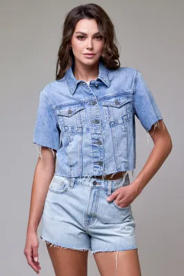 Light Wash Short Sleeve Distressed Denim Jacket