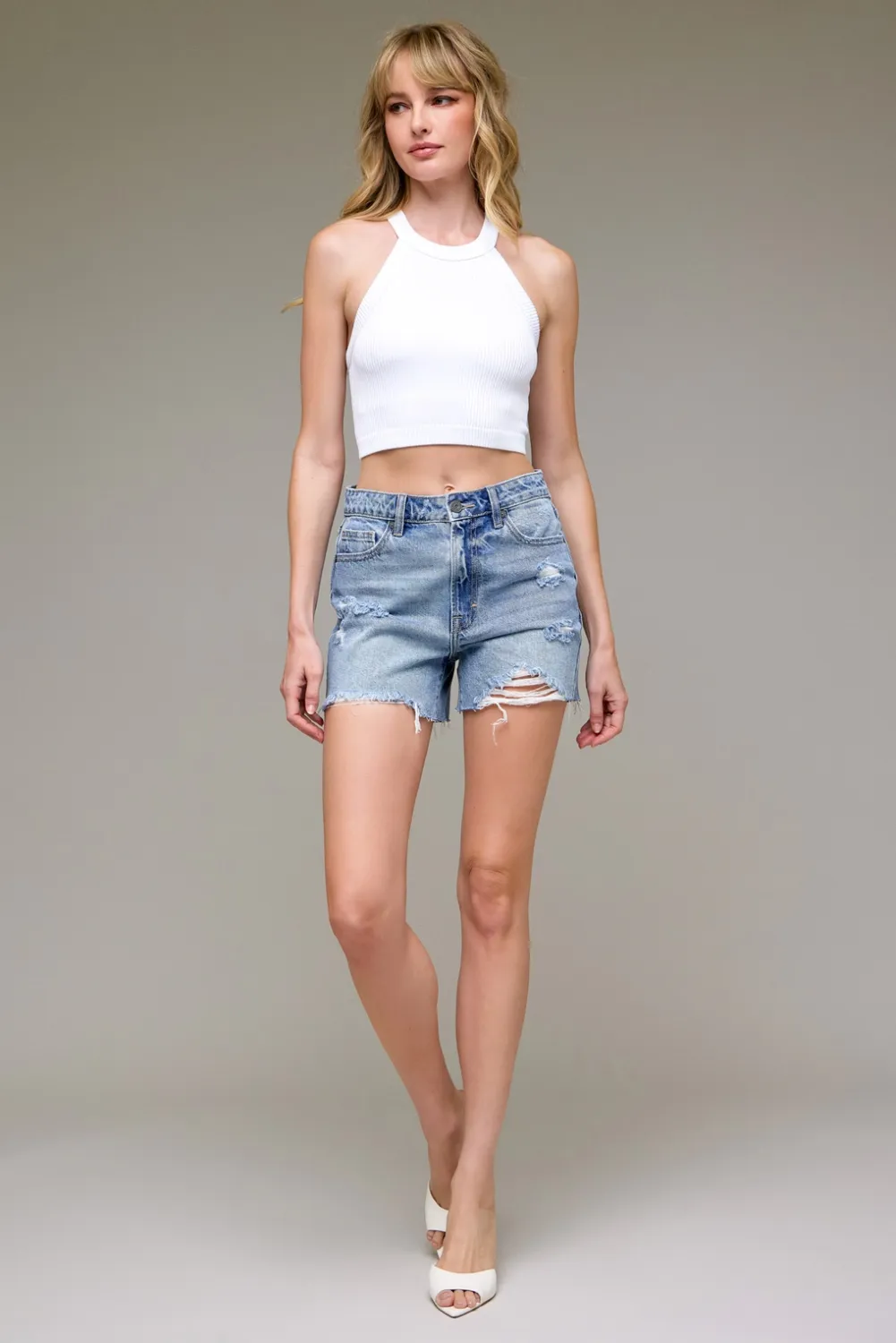 Sofie Medium Light Distressed 4" Mom Shorts