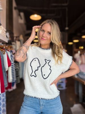 Cream Fish Motif Contrast Stitch Sweater