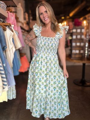 Blue Floral Tile Print Tie Detail Midi Dress