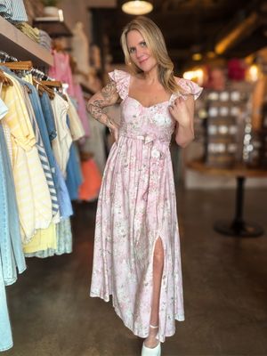 Pink Floral Waist Tie Corset Maxi Dress