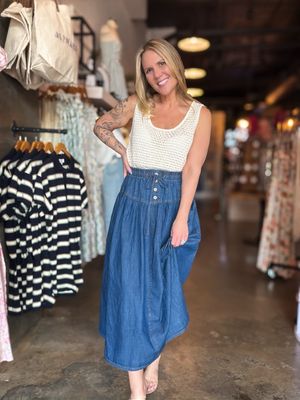 Denim Yoke Detail Elastic Waist Maxi Skirt