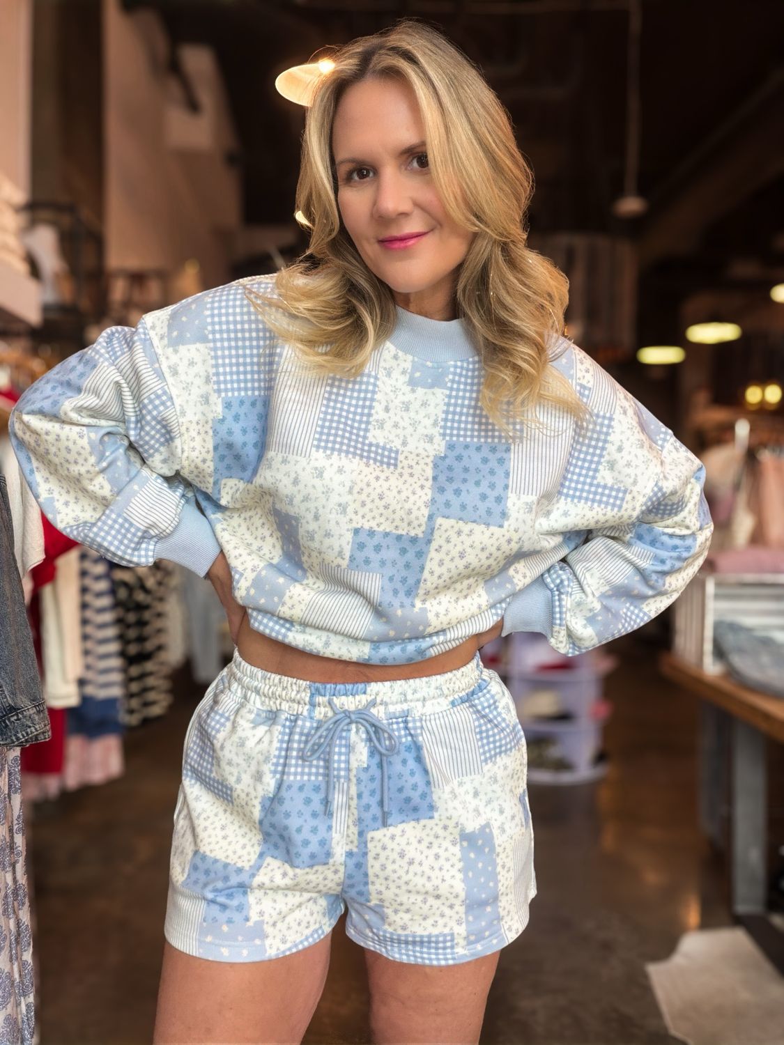 Blue Patchwork Printed Sweat Shorts 