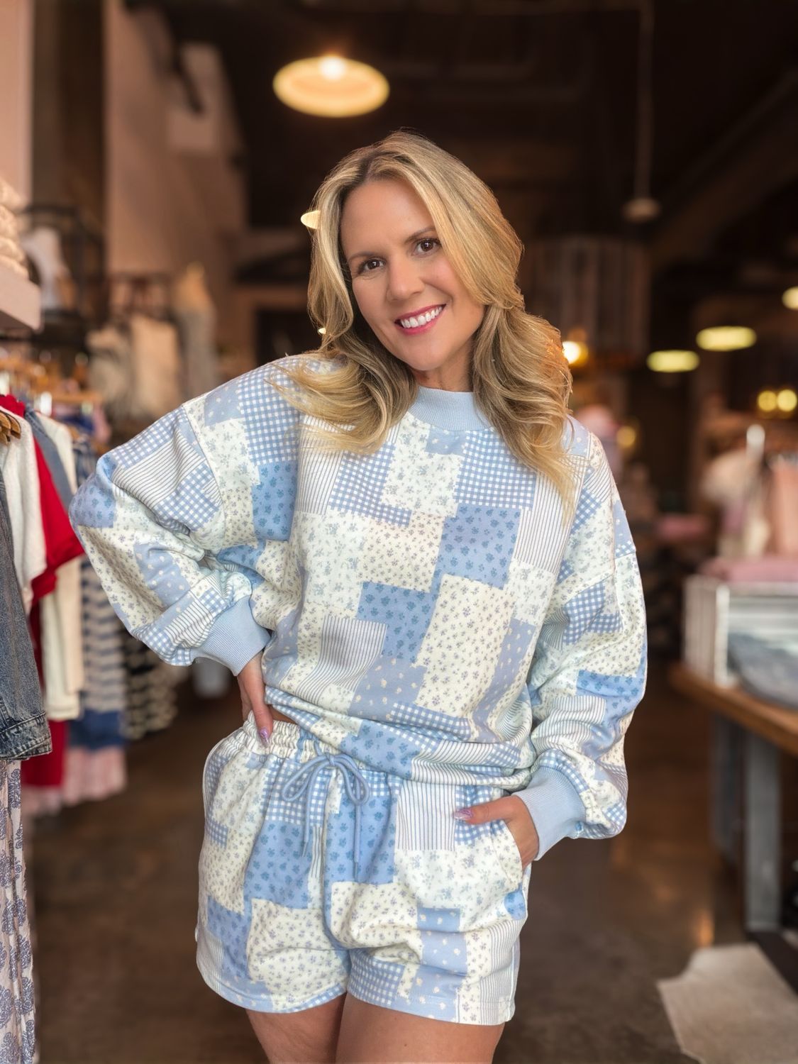 Blue Patchwork Printed Crewneck Sweatshirt