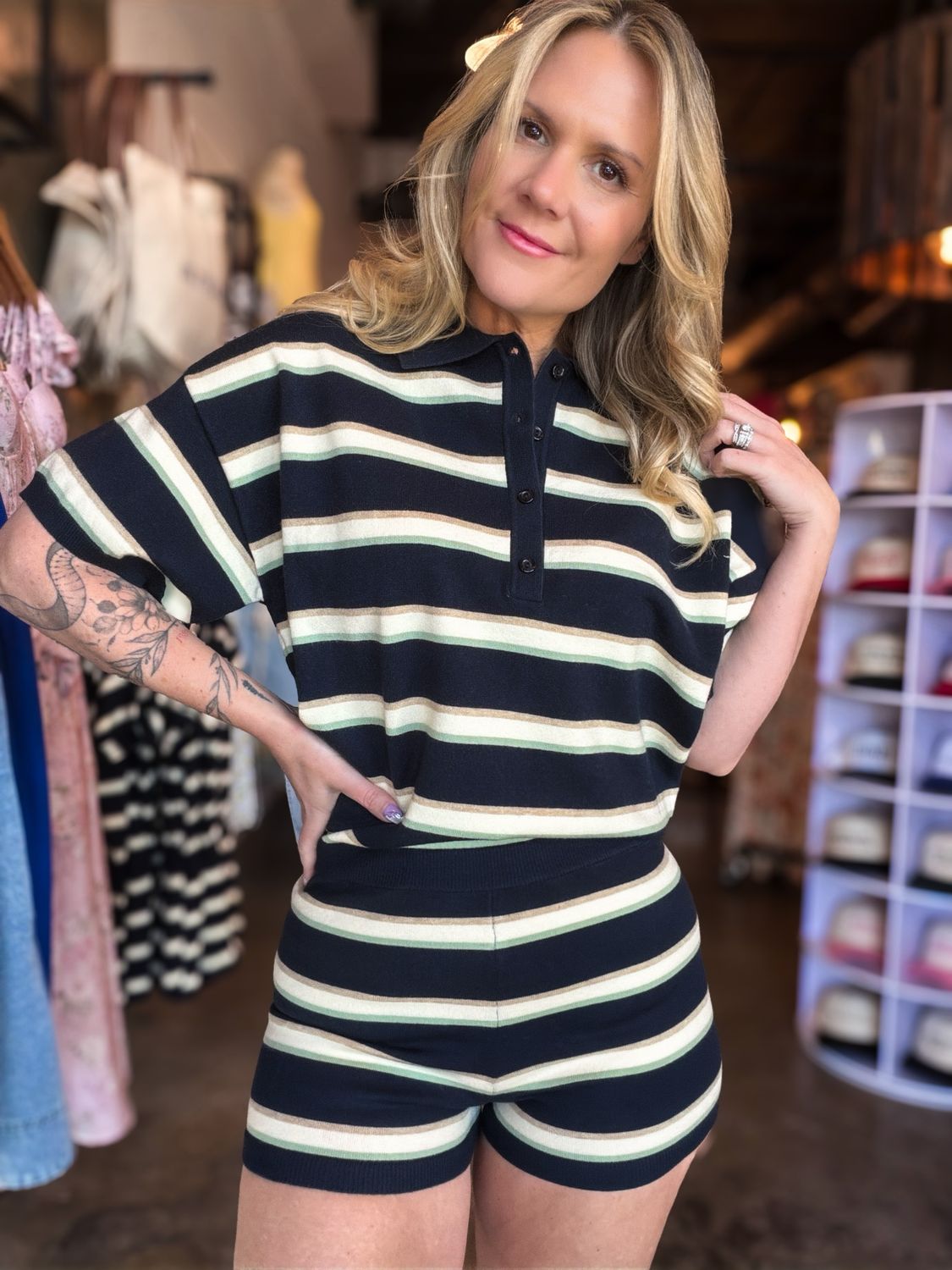 Navy Striped Button Down Short Sleeve Romper