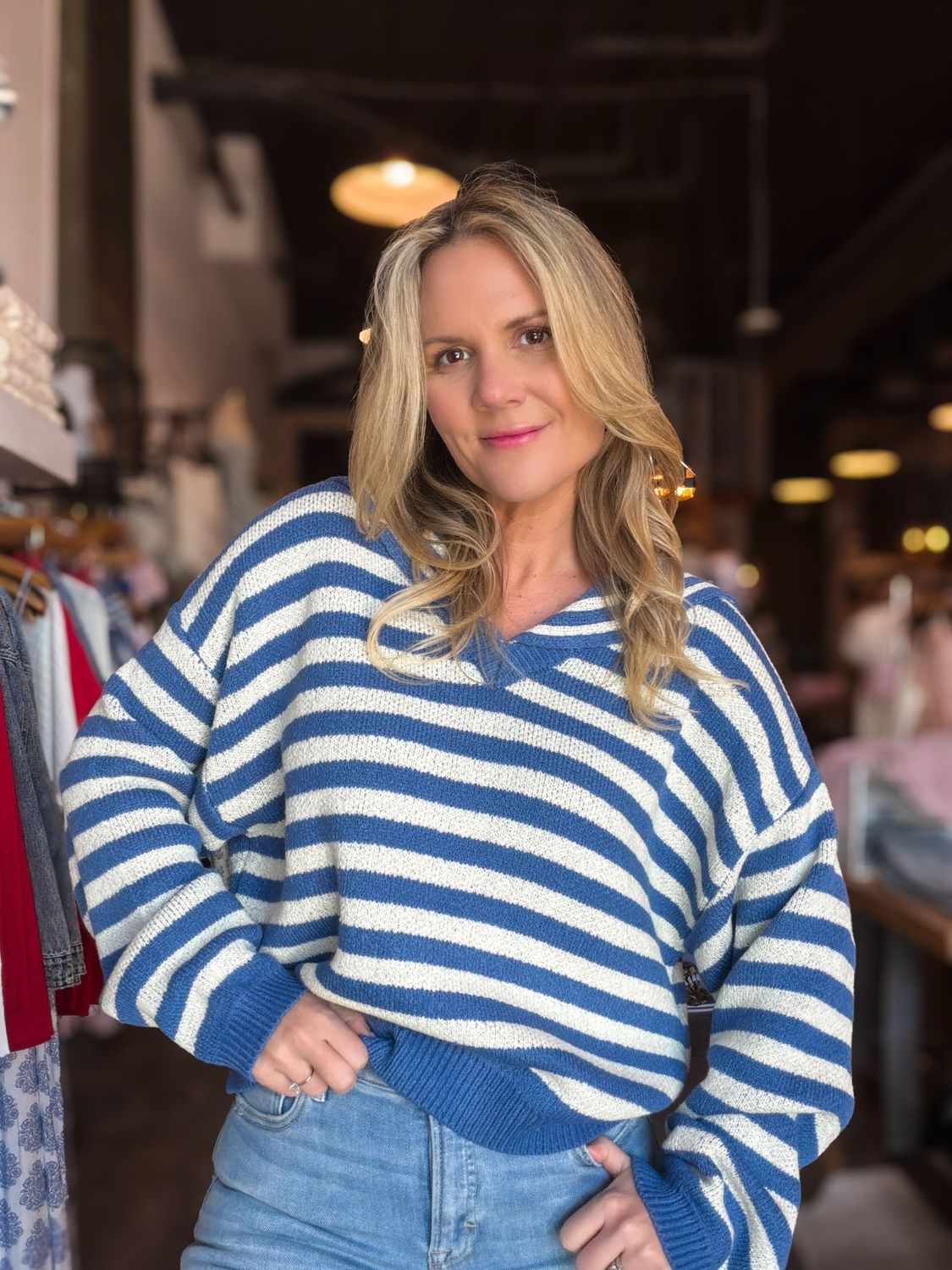 Blue &amp; Ivory Stripe Sailor Collar Striped Top