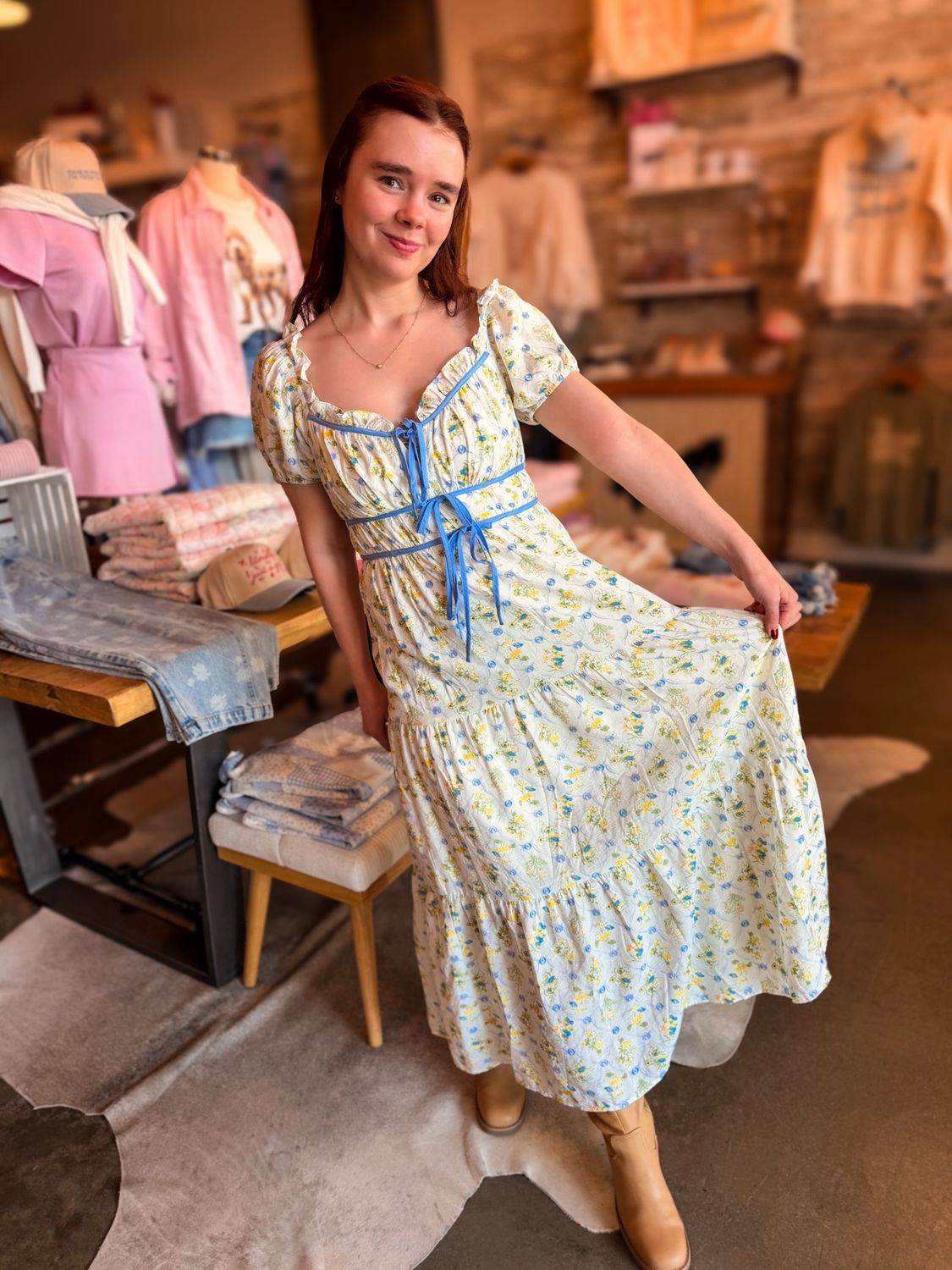 Blue Floral Print Cap Sleeve Maxi Dress w/ Ties