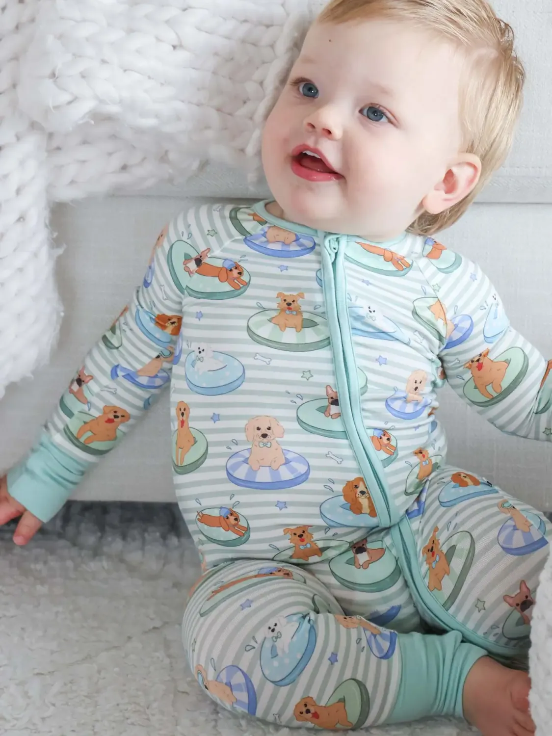 Caden Lane Zip Romper Poolside Pups Blue