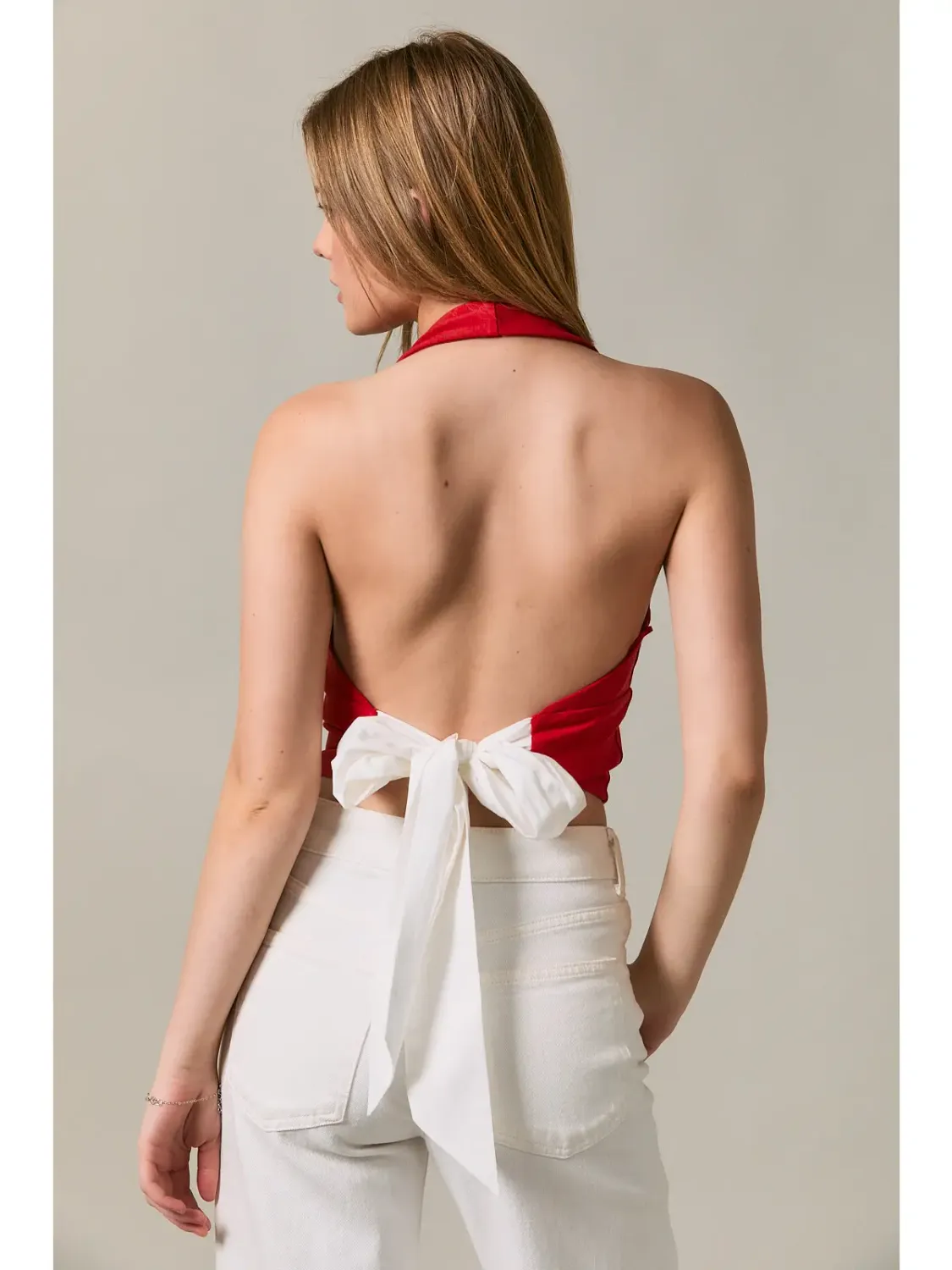 Halter Neck Open Back Bow Detail Knit Top