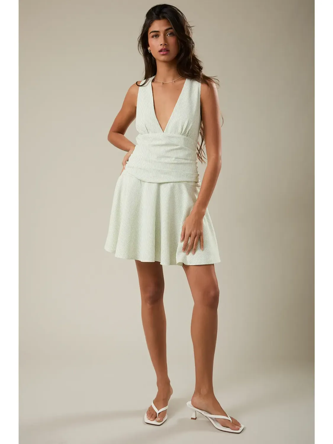 White Green Stripe Mini Dress W/ Shirring Detail