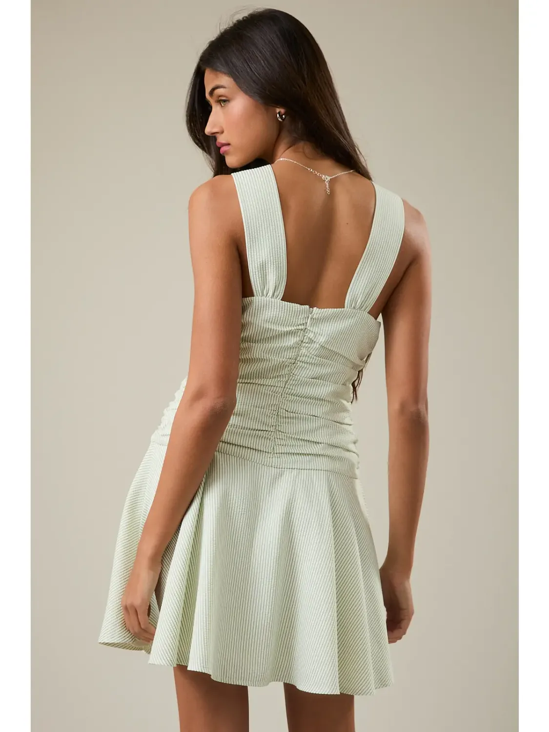 White Green Stripe Mini Dress W/ Shirring Detail