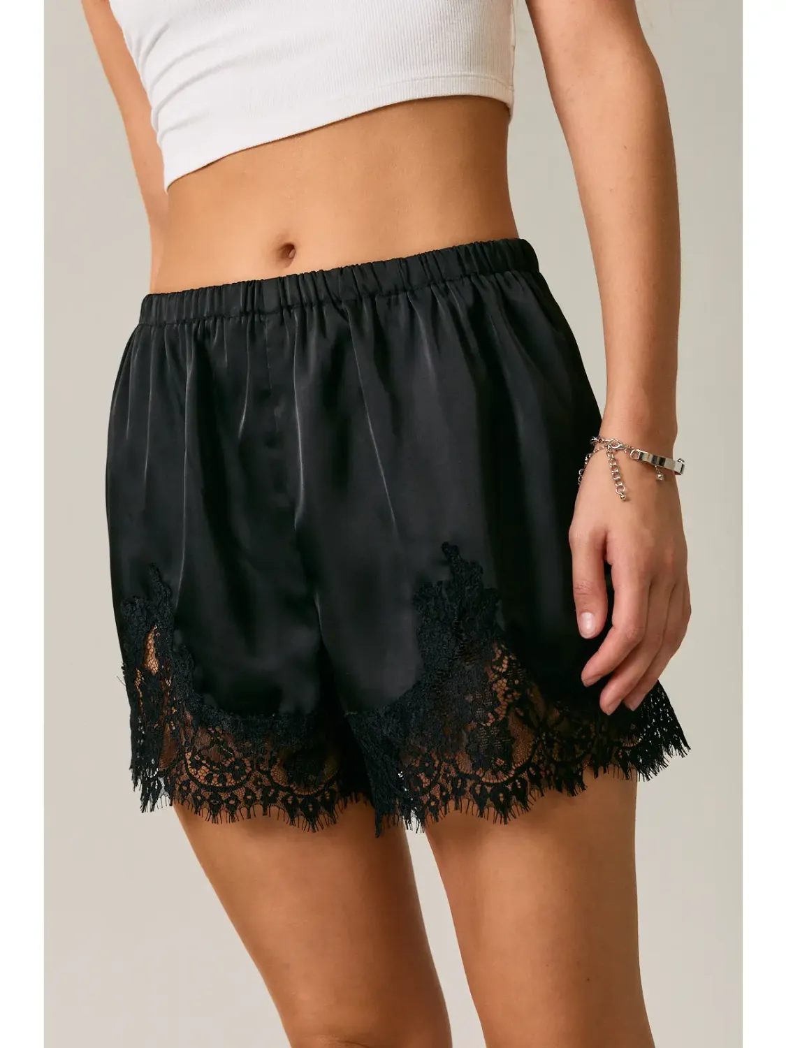 Black Elastic Waist Mid Rise Lace Trim Shorts