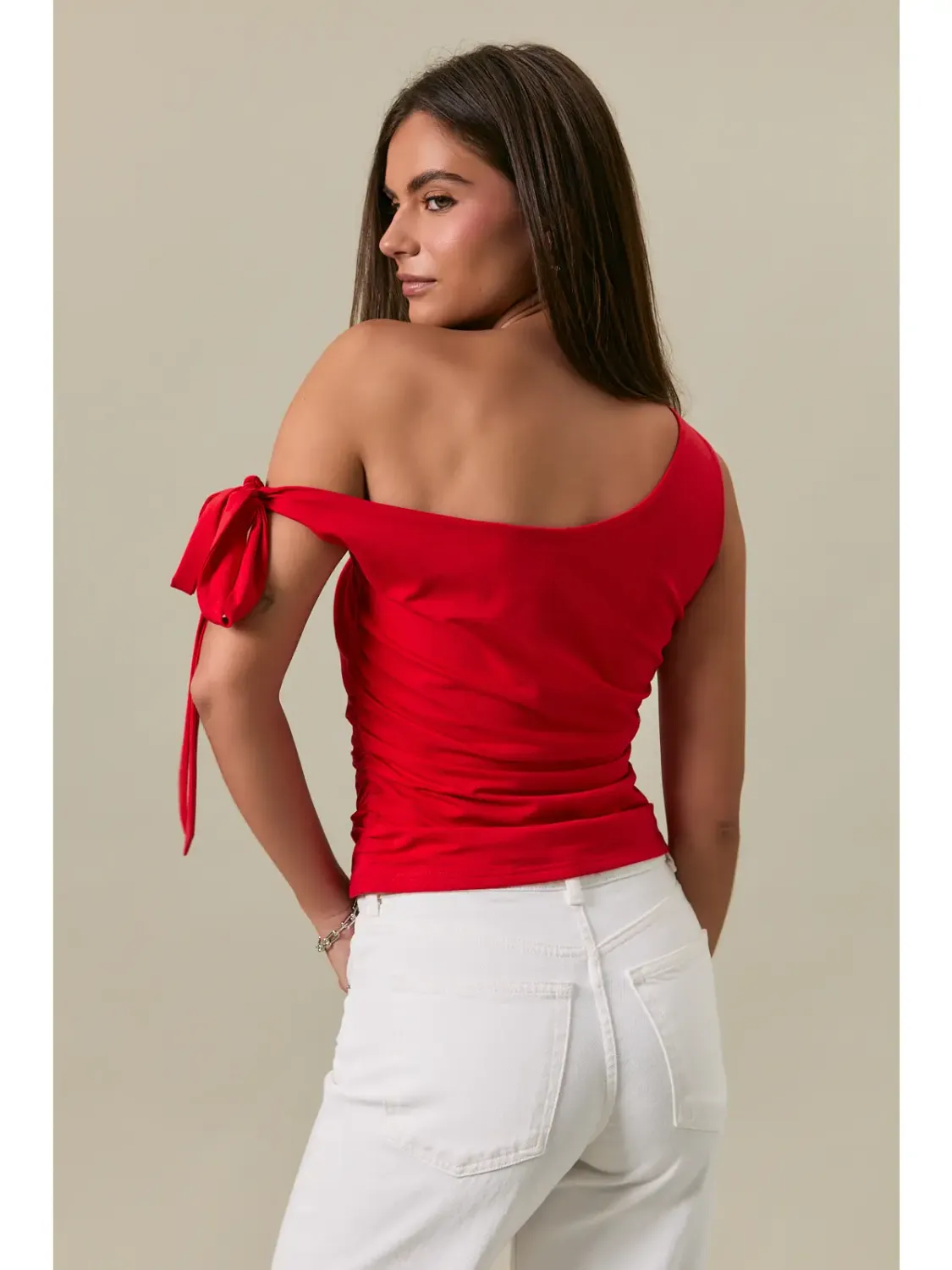 Red Self Double One Shoulder Tie Top
