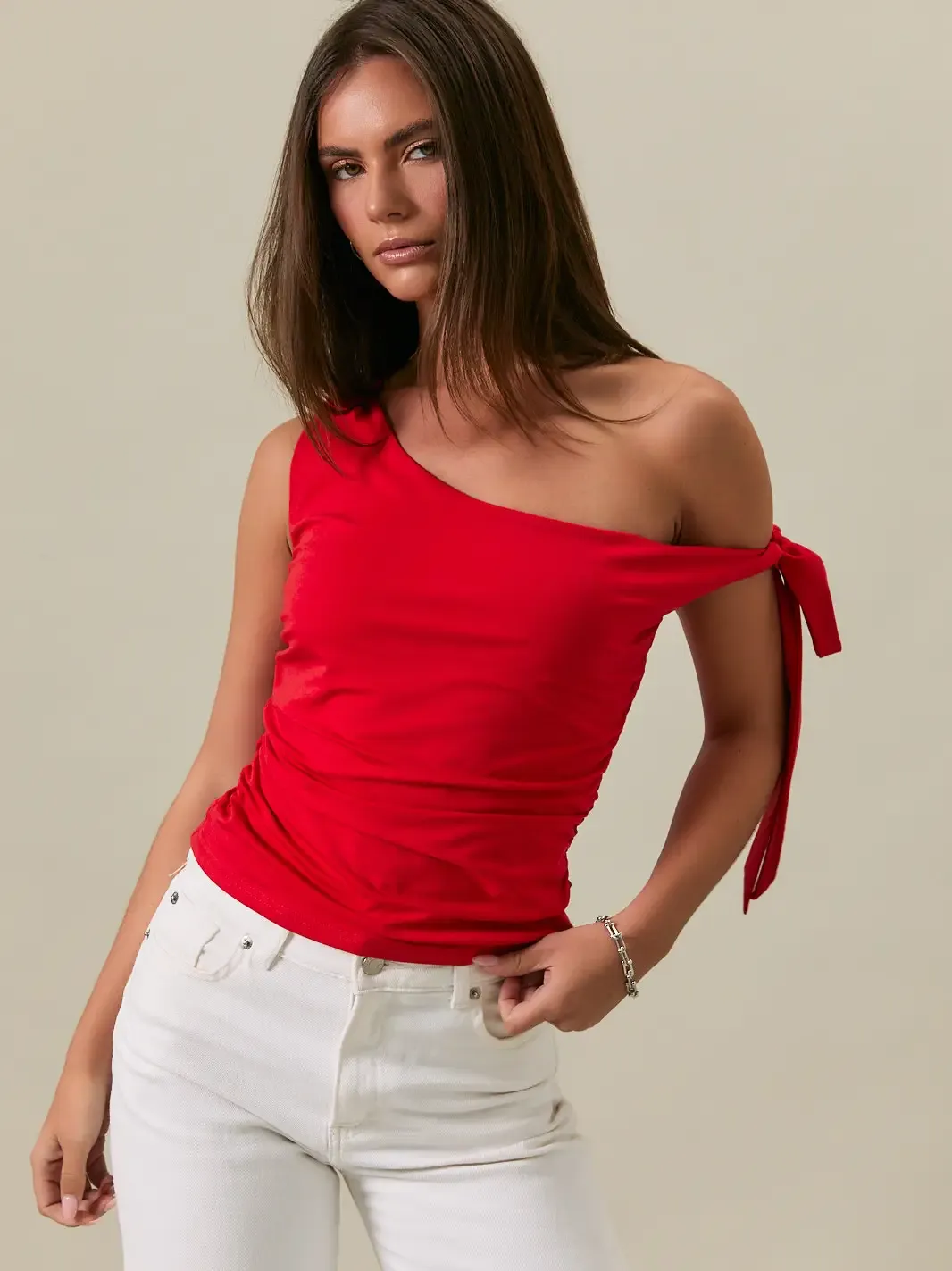 Red Self Double One Shoulder Tie Top