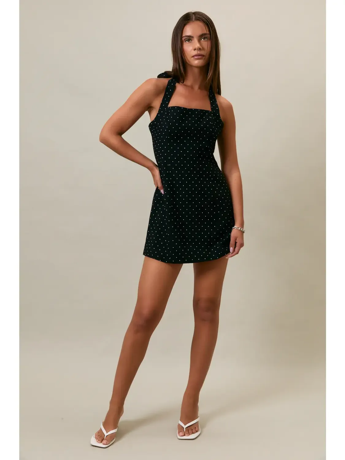 Black White Dot Halter Neck Polka Dot Mini Dress