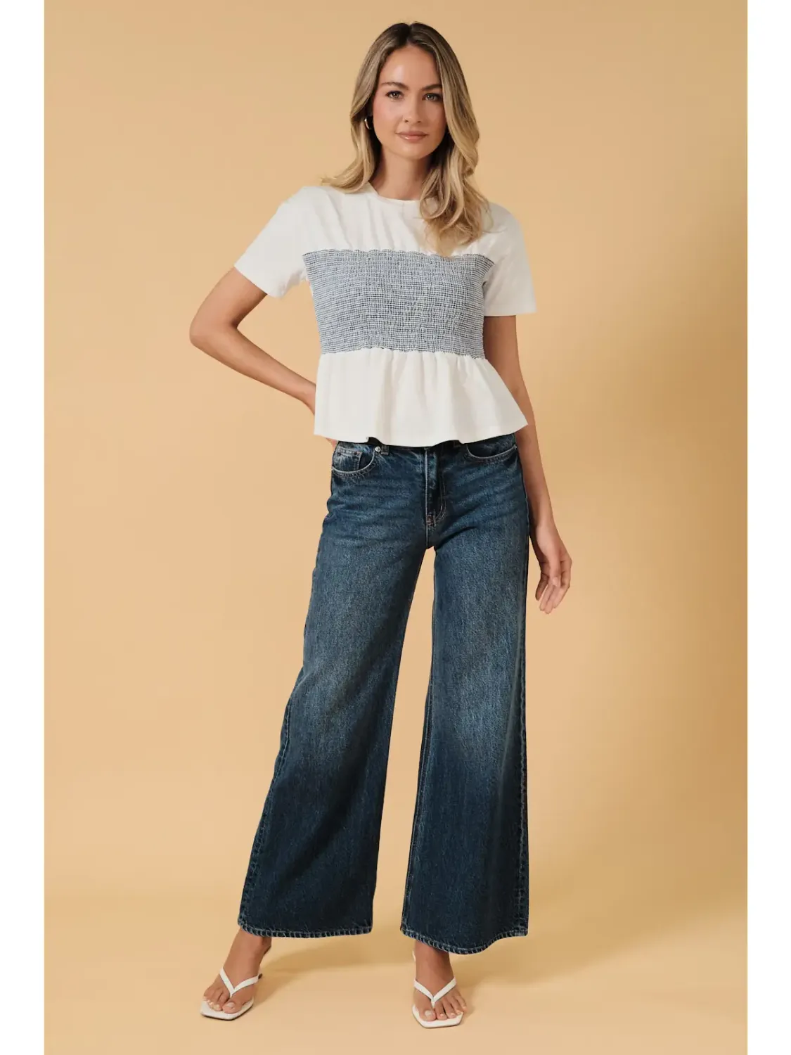 Navy/White Short Slv Striped Smocking Waist Top