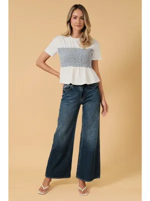 Navy/White Short Slv Striped Smocking Waist Top