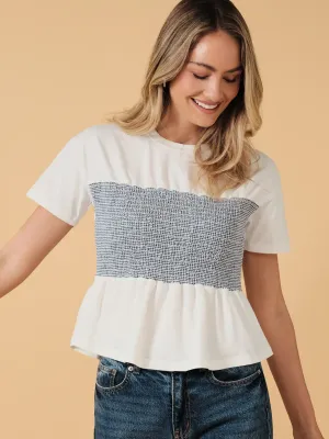 Navy/White Short Slv Striped Smocking Waist Top