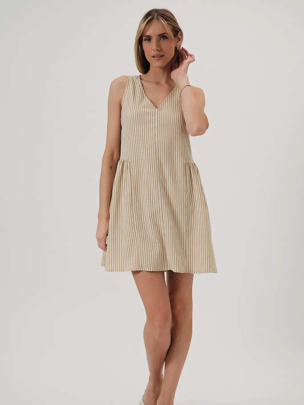 Taupe V Neck Striped Sleeveless Drop Waist Dress