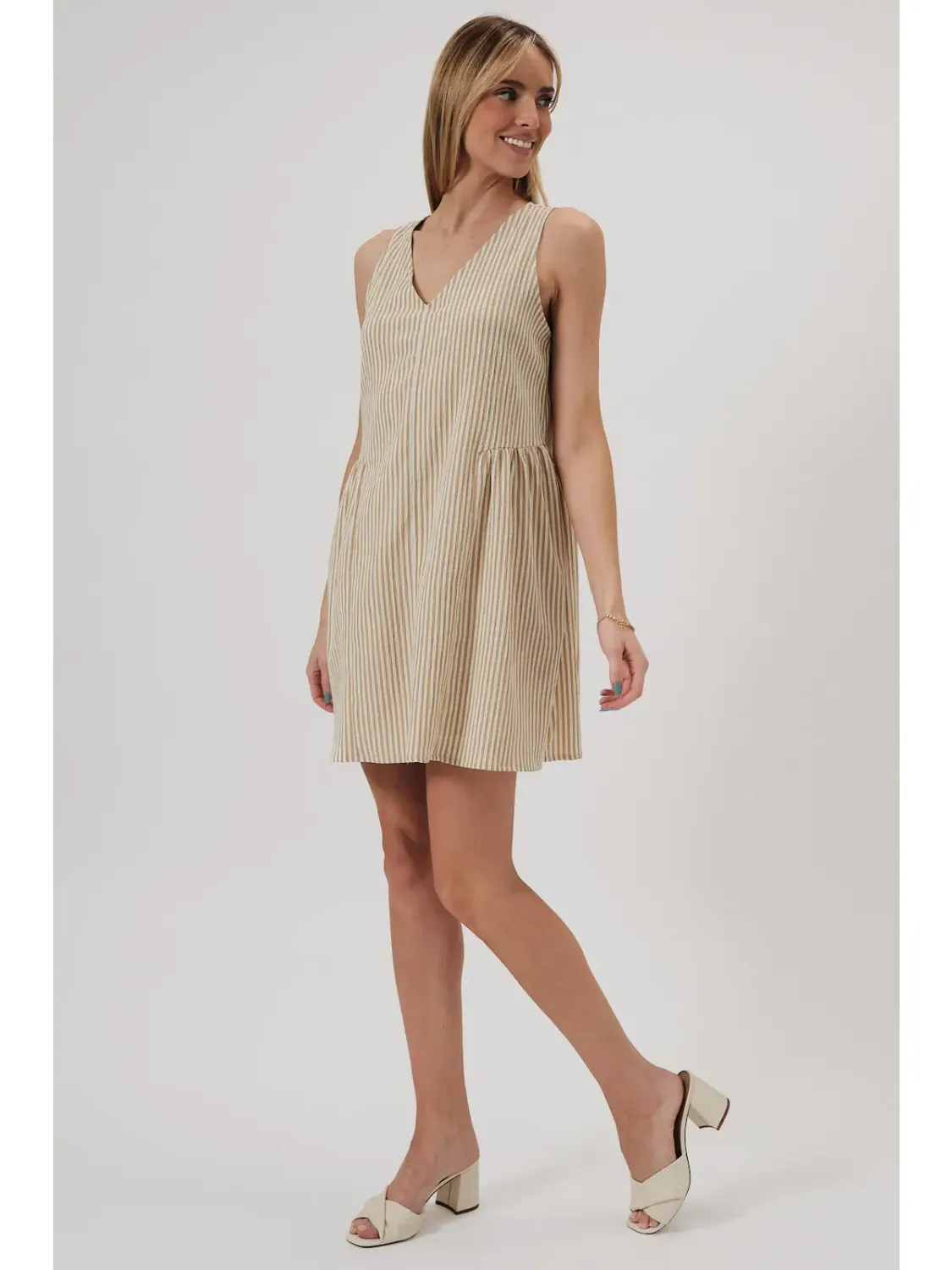 Taupe V Neck Striped Sleeveless Drop Waist Dress