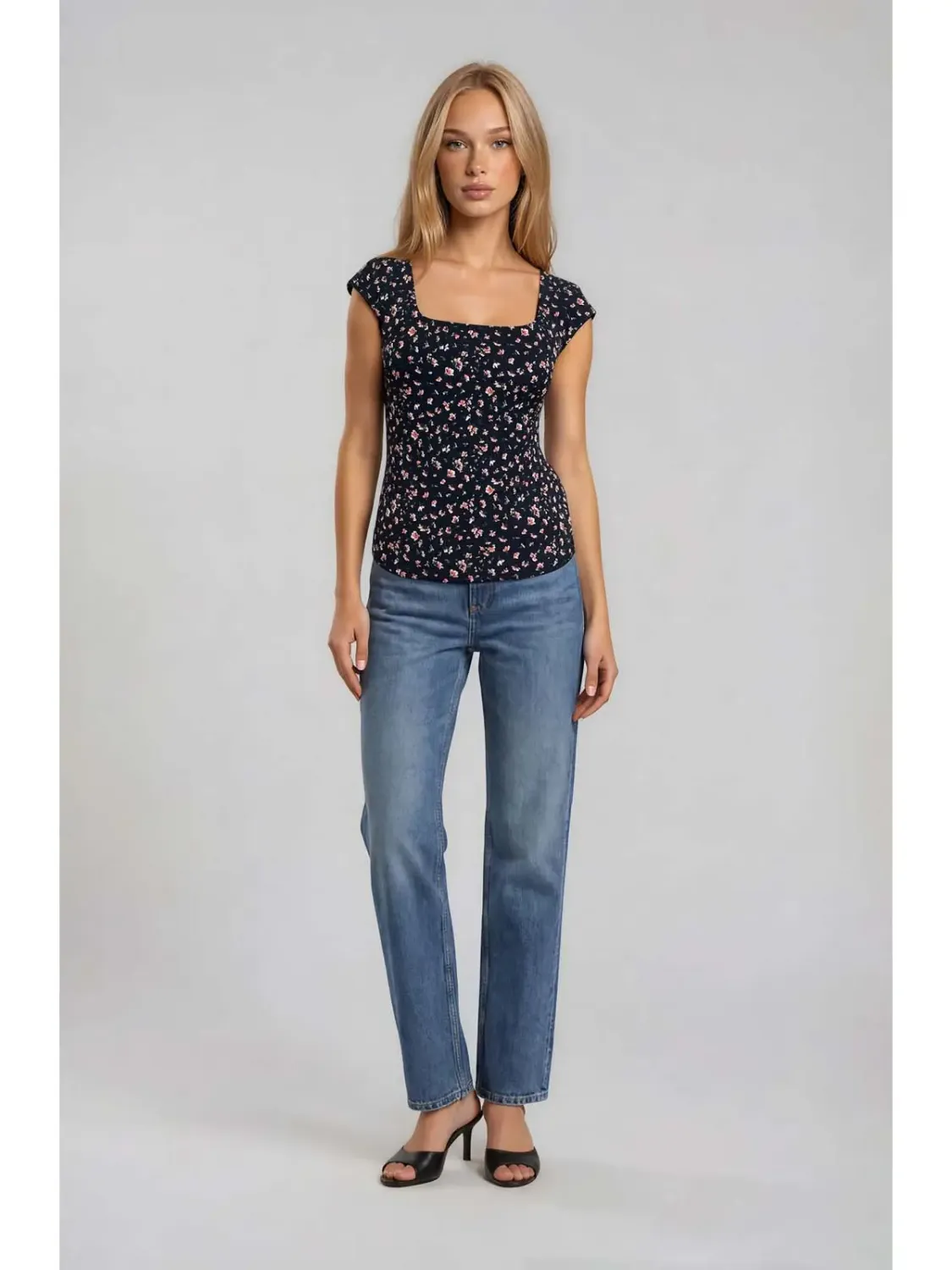 Black Square Neck Cap Sleeve Floral Print Top