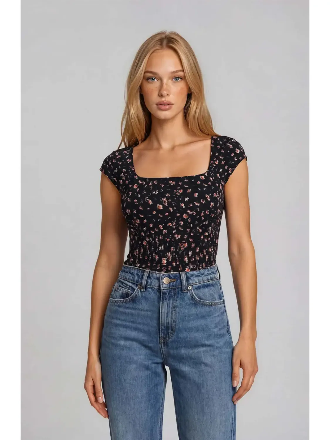 Black Square Neck Cap Sleeve Floral Print Top