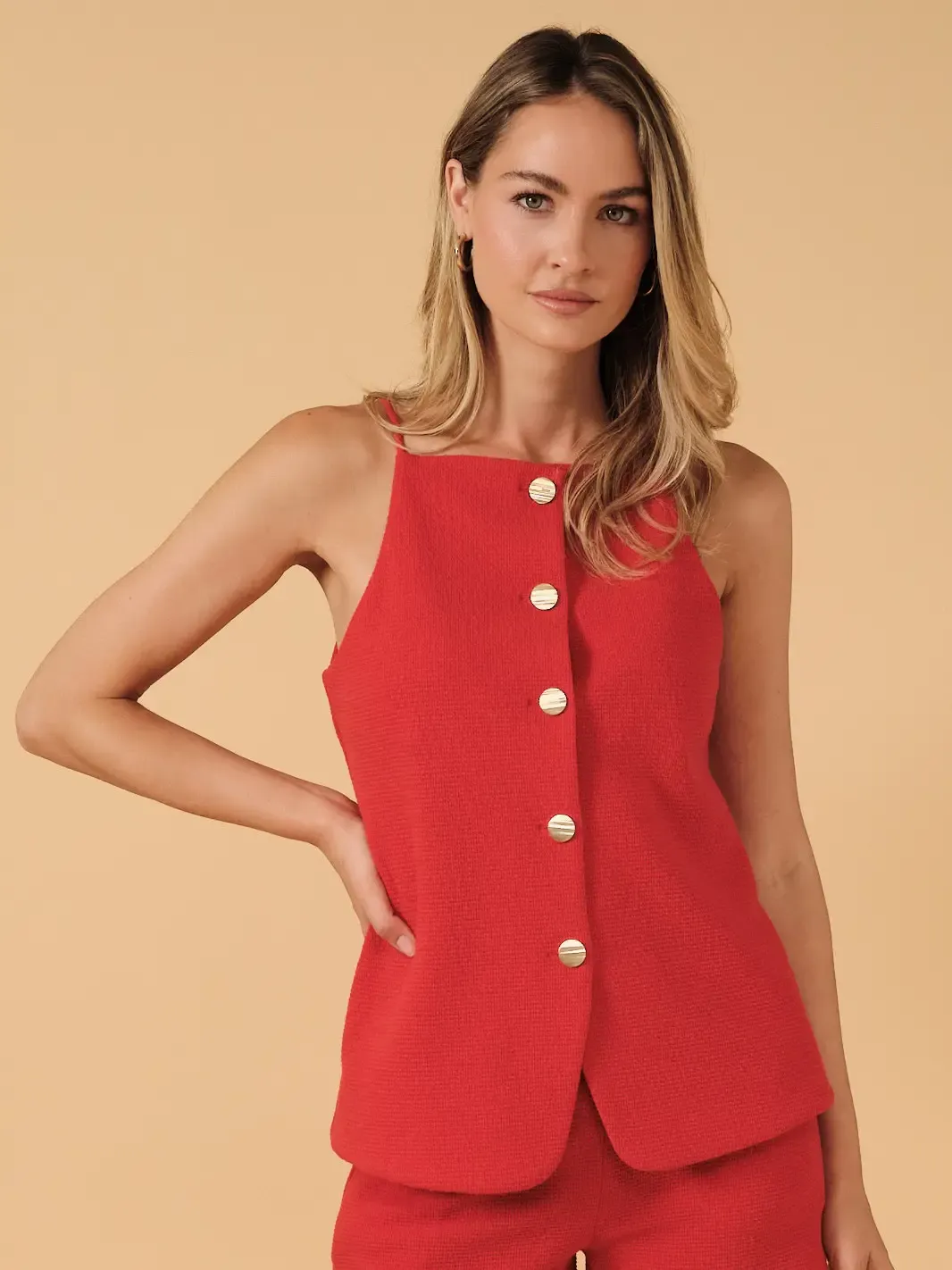 Red  Button Down Sleeveless Top