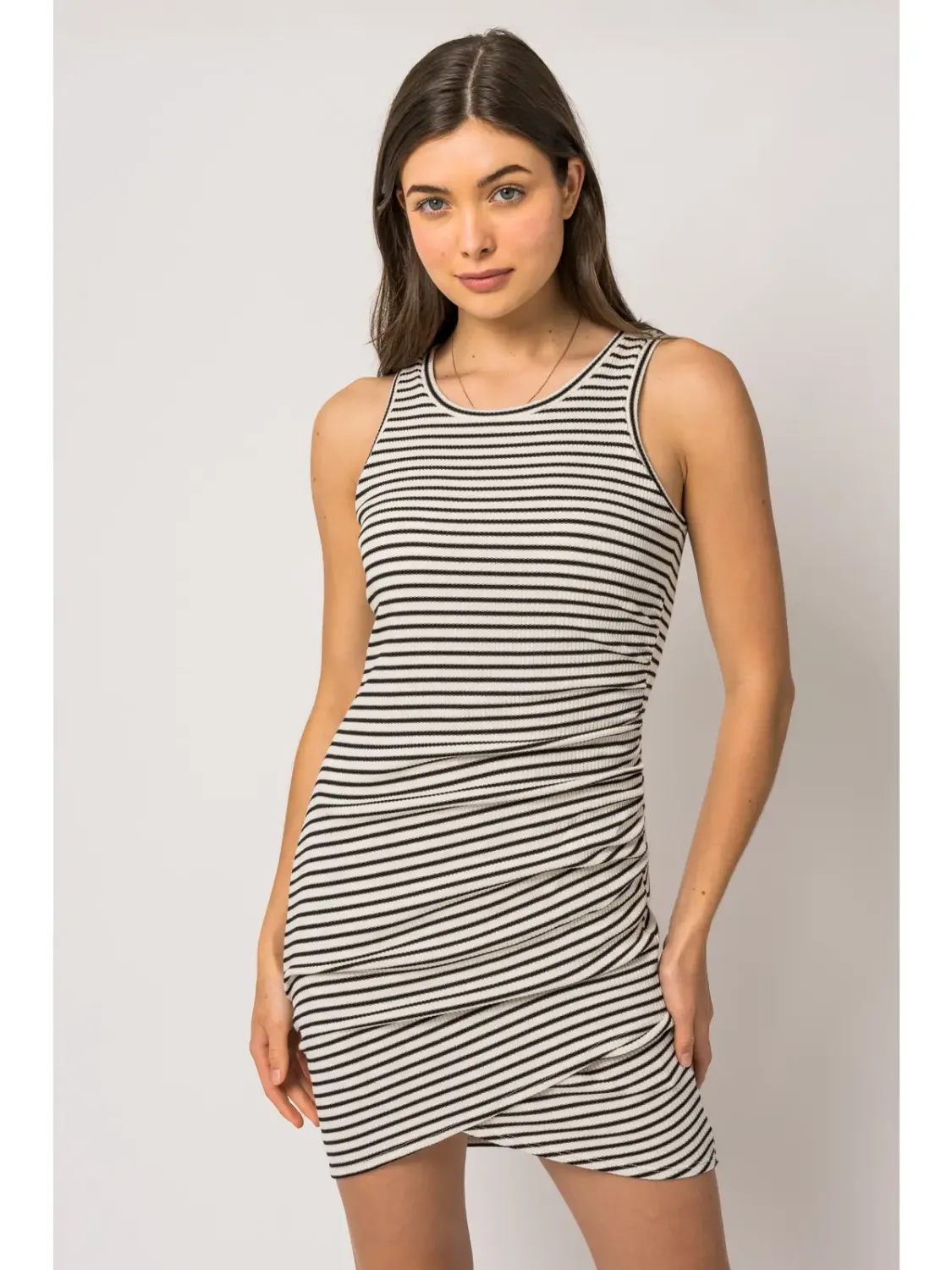 Black Striped Sleeveless Side Shirring Mini Dress